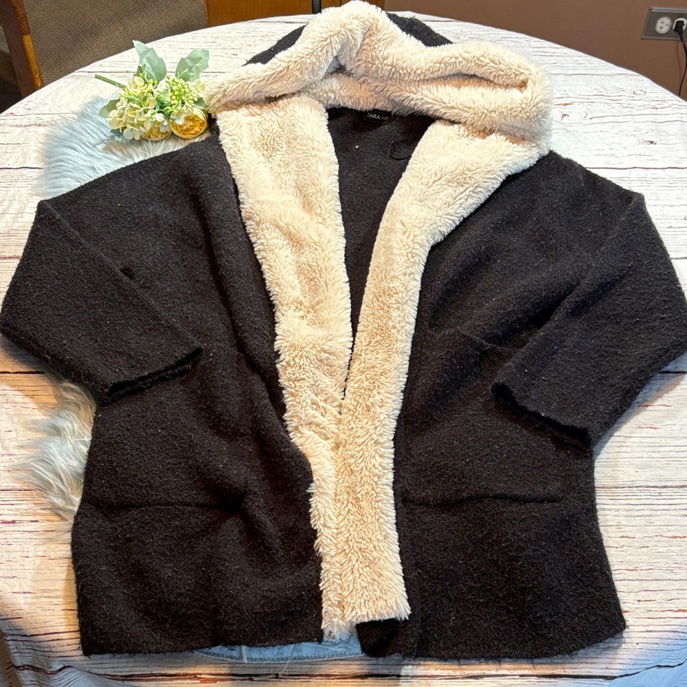 Zara Hooded Knit Fuzzy Open Front Cardigan Sweater sz S